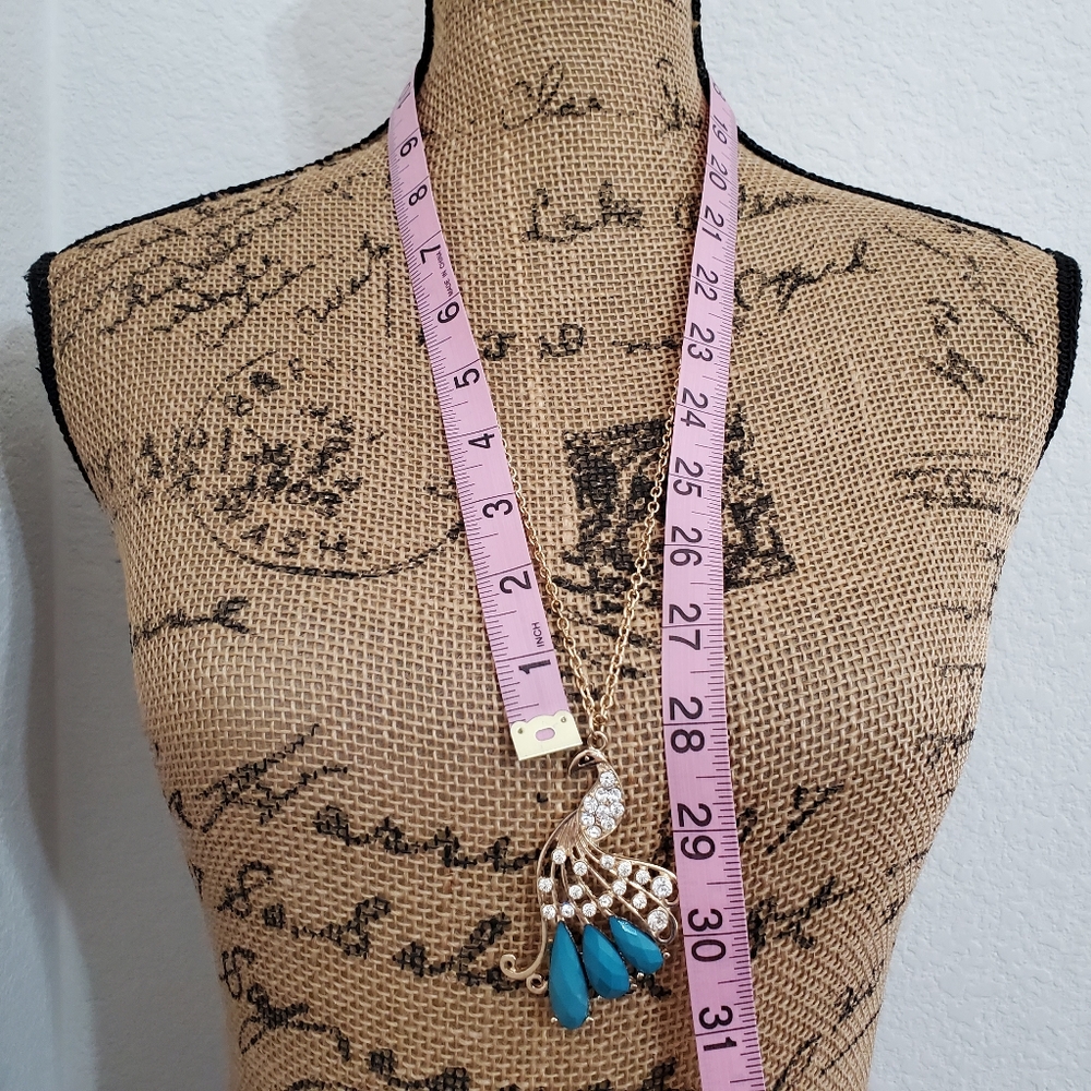 Gold tone peacock with faux teal gemstones and clear rhinestones necklace - Picture 5 of 5